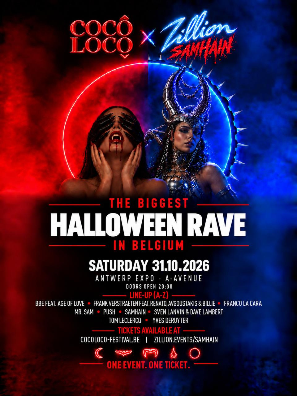 COCO LOCO x ZILLION SAMHAIN. The biggest Halloween rave in Belgium. Saturday 31.10.2026. Antwerp Expo - A-Avenue. Doors open 20:00. One event. One ticket.