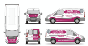 Bestickering van GRATIS taxi vanaf begin augustus. Momenteel is de taxi zilver grijs.