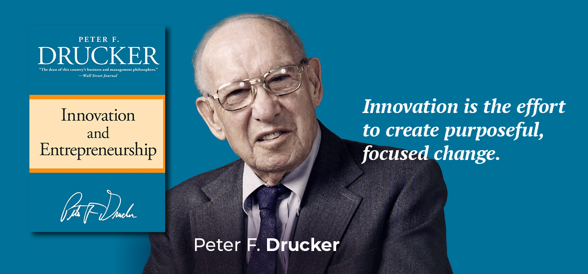 Visual: Peter Drucker, Innovation and Entrepreneurship (1985) book with &lsquo;Innovation is the effort to create purposeful, focused change.