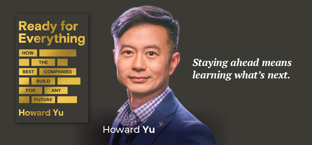 Visual: Yu, book with: &lsquo;Staying ahead means learning what's next.&lsquo;