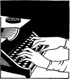 Graphic showing hands hovering over an old fashioned typewriter keyboard.