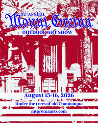 Poster for the Mount Gretna Outdoor Art Show. Poster shows a Mt. Gretna Cottage with an American flag suspended over the porch. Style of poster is 