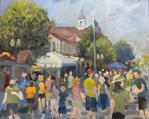  “Image of a ‘main street’ communitywide event in a small American town. Crowds fill the street; historic buildings rise in background. Broad brushstrokes, bright colors juxtaposed alongside subdued hues. Impressionist interpretation. By acclaimed artist John McNulty.”