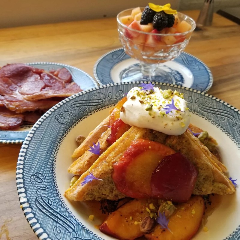 Waffles and fresh fruit compote