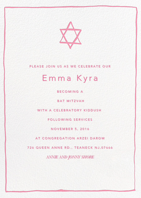Please join us as we celebrate our
Emma Kyra
Beocming a Bat Mitzvah
With a celebratory kiddush
Following Services
November 5, 2015
At Congregation Arzei Darom
726 Queen Anne Rd. Teaneck NJ 07666.
Annie And Jonny Shore