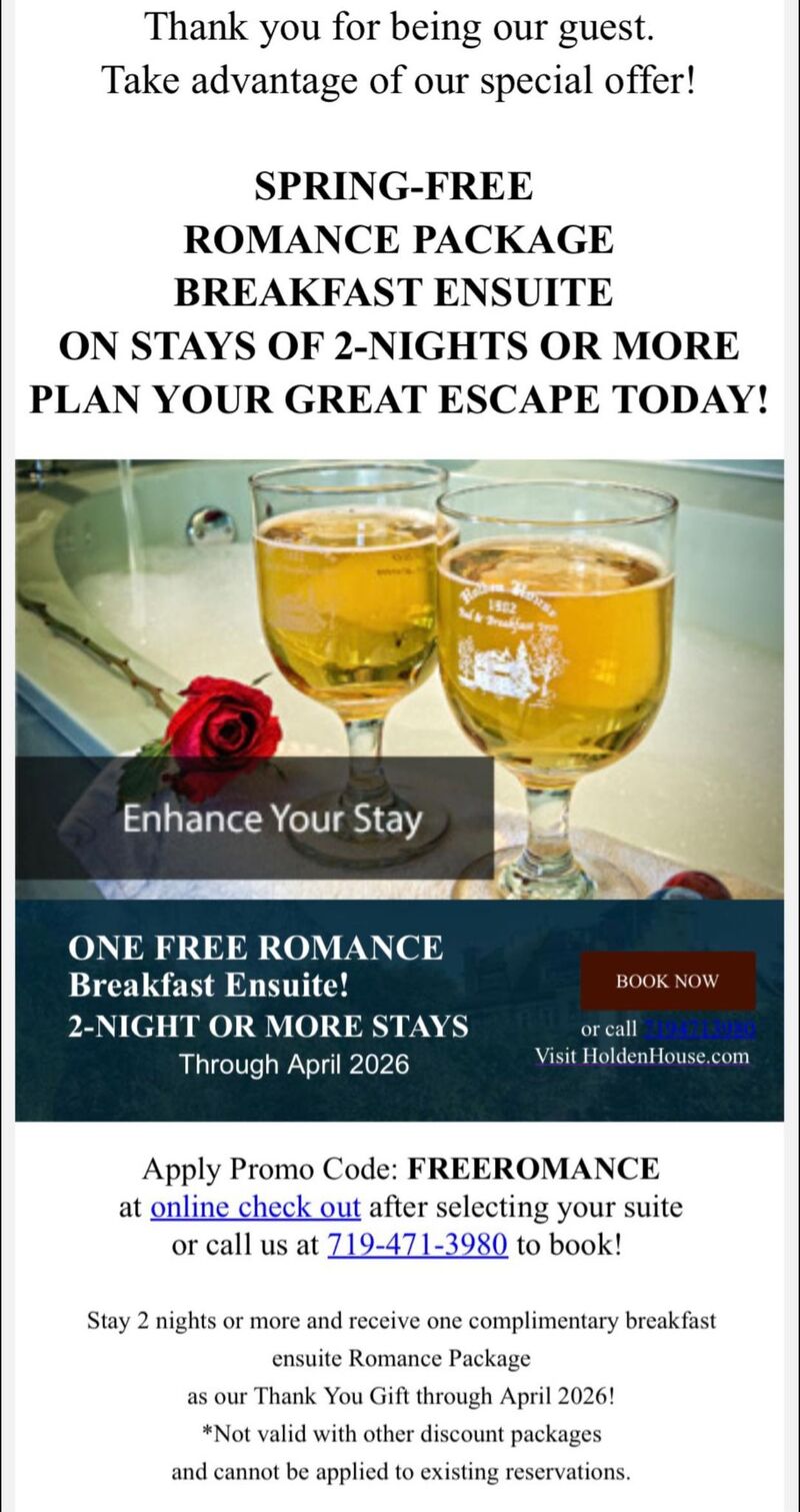 Stay 2 get free romance package through April 2026