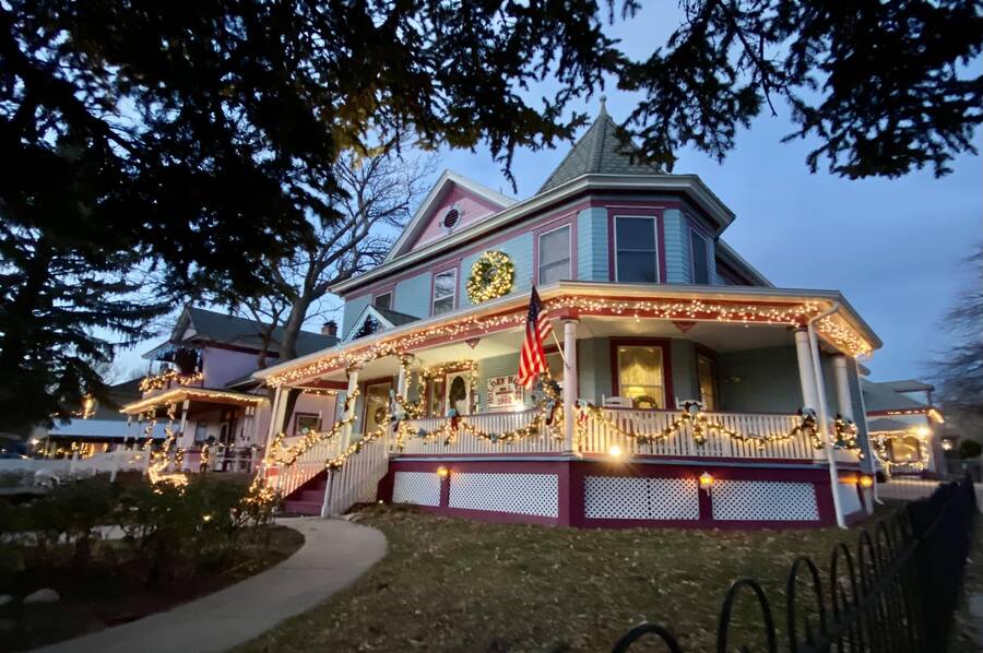 The inn is decorated both inside and out for the holidays