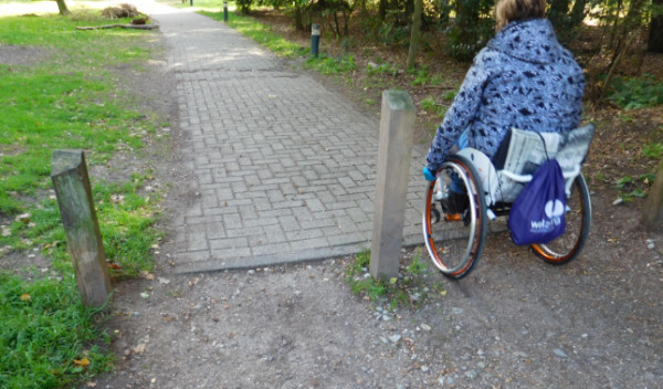 vrouw met rolstoel in ontoegankelijk park