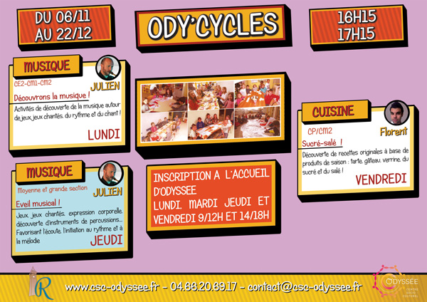Ody'cycles nov./déc. 2017 : cuisine pour les primaires et musique CE2/CM et maternels MS et GS 